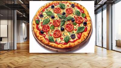 pizza food tomato basil olives cheese italian crust toppings vegetarian delicious gourmet round classic fresh savory close-up baked tomato slices herbs culinary pizzeria  Wall mural