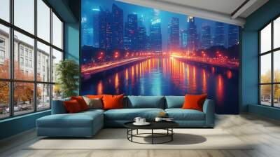 skyline night reflection river lights buildings urban water skyscrapers evening architecture futuristic cityscape wet downtown Wall mural