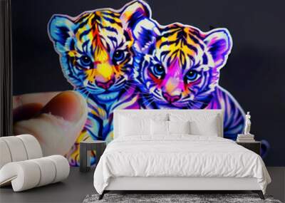 tigers cubs colorful stickers art illustration holding pair cute animal design paper hand print vibrant neon drawing twins adorable creative feline  Wall mural