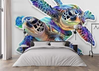 turtle sea turtle colorful marine aquatic ocean wildlife animal duo underwater pattern neon vibrant exotic art illustration fantasy design artistic surreal  Wall mural