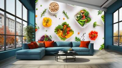 vegetables salads healthy fresh colorful vegan meal prep containers food herbs pepper cherry tomatoes leafy greens vegetarian diet organic clean eating  Wall mural