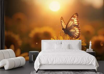 A butterfly with iridescent wings slowly flutters over a vibrant meadow of exotic sunflowers at sunset. A stunning sight that captures the beauty of nature  Wall mural