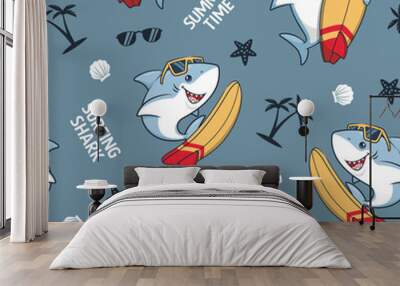 Seamless Pattern Summer Time With Surfer Shark, Cute Cartoon Illustration Wall mural