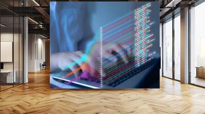 Business analytics, finance, neural network, AI,Big data technology and data science. Data scientist querying, analysing and visualizing complex data set on virtual screen. Data flow concept. Wall mural