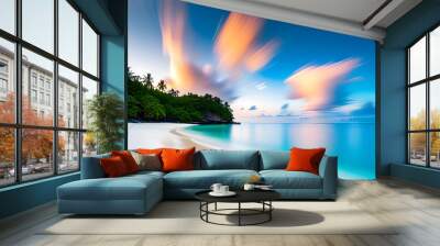 Panorama of a beautiful white sand beach and turquoise water in Maldives. Blur bokeh light of calm sea and sky. Focus on sand foreground. Wall mural