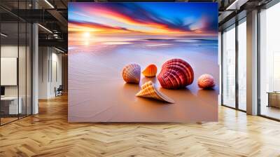 Sunset background for summer vacation. Colorful seashells close-up on the sandy beach. Wall mural