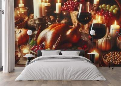 Thanksgiving Turkey on platter with garnish, roast turkey dinner,  festive dinner by candlelight Wall mural