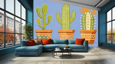 Set of cacti in pots on a blue background in vintage retro pop style	 Wall mural