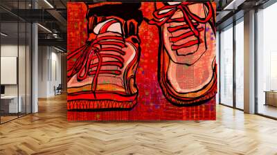 Basketball shoes over a grunge city background Wall mural