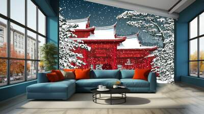 Japanese or chinese temple under snow Wall mural