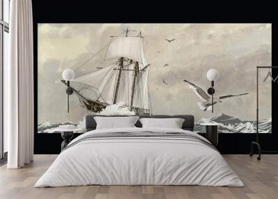 Old sailing ship on a rough sea Wall mural