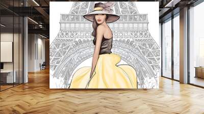 Young pretty fashion model with hat in Paris Wall mural