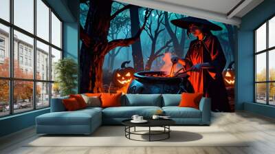 Halloween theme banner background with illustrations of witches, pumpkins and graves Wall mural