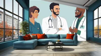 doctor illustration, black african doctor with american white doctor andnurse Wall mural