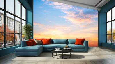 Beautiful , luxury soft gradient orange gold clouds and sunlight on the blue sky perfect for the background, take in everning,Twilight, Large size, high definition landscape photo Wall mural