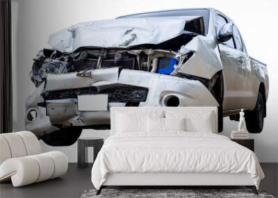 Front of gray or bronze pickup car get damaged by accident on the road. damaged cars after collision. isolated on transparent background, PNG File Wall mural