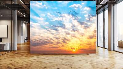 Sky, sunrise, sunset, luxury soft gradient orange gold clouds and gold sunlight between group of blue clound sky perfect for the background, take in everning,Twilight, high definition landscape photo Wall mural