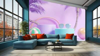 A purple background with palm trees, a ball, sunglasses, and two cylinders. Wall mural