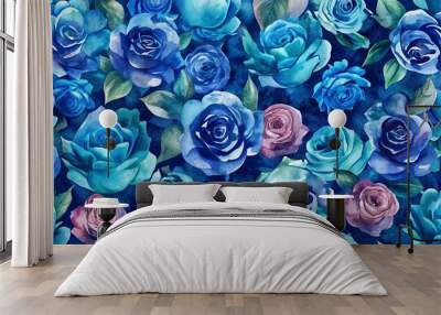 seamless pattern with realistic red roses and leaves  Wall mural