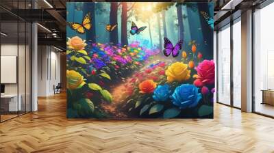  a whimsical illustration of a magical forest glade where yellow and rainbow roses bloom abundantly, attracting a kaleidoscope of butterflies with their sweet nectar.