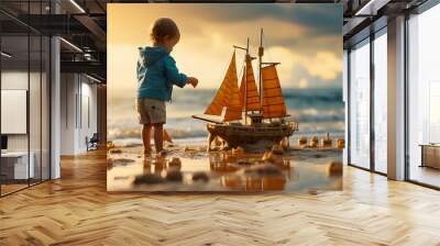 small child standing on the beach with a toy boat Generative AI Wall mural