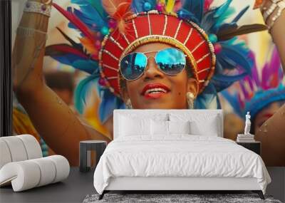 Carnival Queen Woman in Blue Sunglasses and Feathered Headpiece - A close-up portrait of a woman adorned in colorful jewelry and a vibrant feathered headdress during a carnival celebration. Carnival  Wall mural