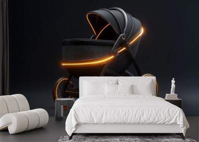 Futuristic Black Baby Stroller with Orange Glow on Dark Background - Modern Luxury Design for High-End Baby Products and Design Inspiration Wall mural