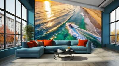 Golden Hour Jet Ski Aerial Perspective of a Jet Ski Cutting Through Crystal Clear Waters with a Shoreline Sunset Glow Wall mural