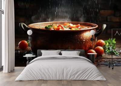 Steaming Copper Pot of Soup with Rain Drops and Tomatoes Closeup Warm Lighting Rustic Wooden Background Concept of Comfort Food Wall mural