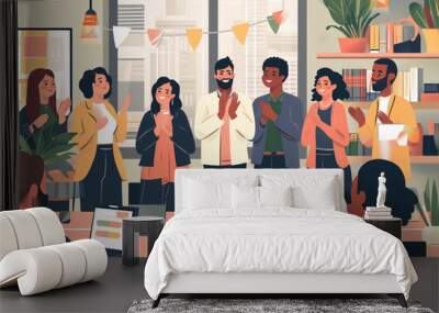 An Illustration image capturing the moment of employee recognition with colleagues applauding and celebrating, Focus on the joy and appreciation in their expressions, Business team clapping. Wall mural