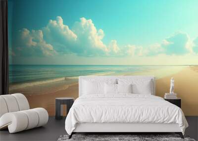 Clean sandy beach with cloudy sunny sky panorama view, natural landscape scenery, sandy tropical summer beach, summer vacation banner, the beautiful sea on a sunny day, Hawaiian decent beach panorama Wall mural