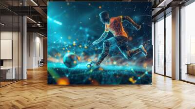 High-energy sports wallpaper concept design, ice punk sporty image with colorful vibrant special effects and water splashes, sports team background image, football rugby or soccer players in action Wall mural