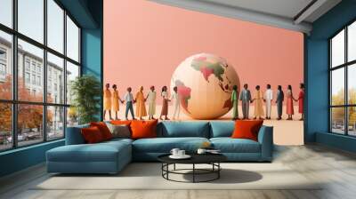 Human figures standing in front of world globe map, cute human puppet figures near the globe, world multicultural and multi ethnic population wallpaper concept in a minimalist copy space background Wall mural