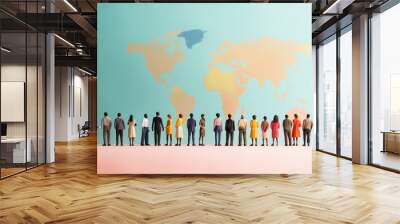 Human figures standing in front of world map, cute human puppet figures near world map, world multicultural and multi ethnic population wallpaper concept in a minimalist copy space background Wall mural