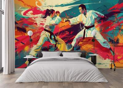 Modern mix martial art colorful illustration design, MMA digital portraits, eye catching surreal wrestling boxing players surround by abstract colors, Art painting of karate, fighting warriors Wall mural