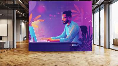 Stylish modern man working on a laptop computer seated on a rotating chair isolated in technological purple color background - vector illustration Wall mural