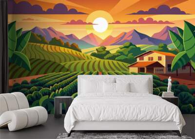  Coffee of the Sun. Plantation Silhouette View of a coffee plantation with the sun rising or setting Wall mural