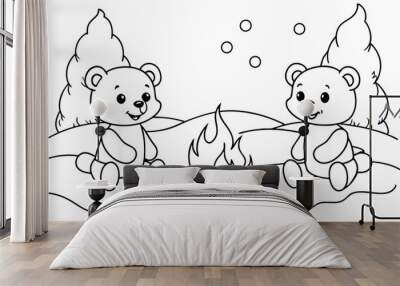  Coloring pages for kids, 2 cute baby bears, bonfire on a sandy beach, vector illustration Wall mural