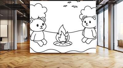  Coloring pages for kids, 2 cute baby bears, bonfire on a sandy beach, vector illustration Wall mural