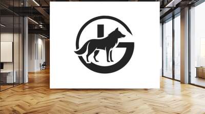 A Animal logo vector art illustration with an wolf icon in a circle featuring a modern, elegant shape with an underline, merged with the initials JG, placed on a solid white background vector art illu Wall mural