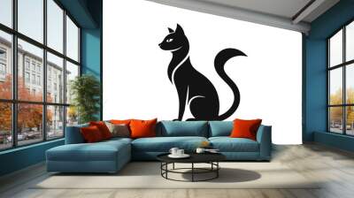 A line cat logo icon, featuring a modern stylish shape with an underline, set on a solid white background silhouette black vector art illustration Wall mural