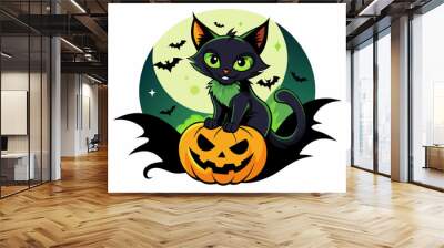 a vector T-shirt design featuring a mischievous black cat with glowing green eyes, perched on a spooky jack-o'-lantern, with a full moon and bats in the background Wall mural