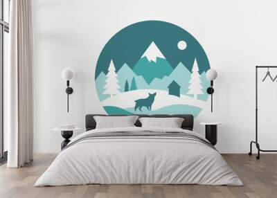 a winter scene with snow-covered trees, a cozy cabin, and wildlife like wolves or deer in the snowy expanse icon like a round. t-shirt design vecto illustration  Wall mural