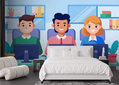 Cartoon vector illustration of team with three people working in the office at the computers for online internet business or start up - men and women sitting at the desktop Wall mural