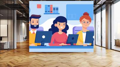 Cartoon vector illustration of team with three people working in the office at the computers for online internet business or start up - men and women sitting at the desktop Wall mural