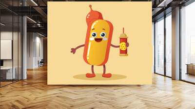 Cute Hotdog Holding Mustard Cartoon Vector Icon Illustration Food Object Icon Concept Isolated Premium Vector. Flat Cartoon Style vector illustration Wall mural