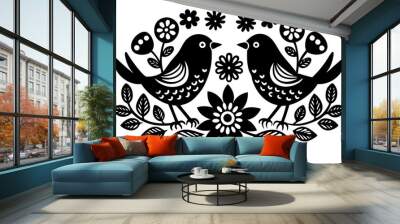 Folk art birds silhouette black lineocut vector art illustration  Wall mural