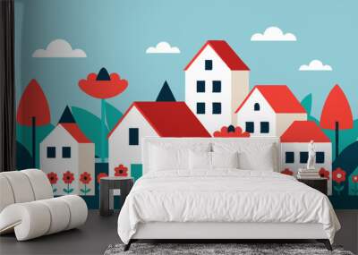 Line of white houses and one red house in this line surrounded by flowers, vector illustration Wall mural