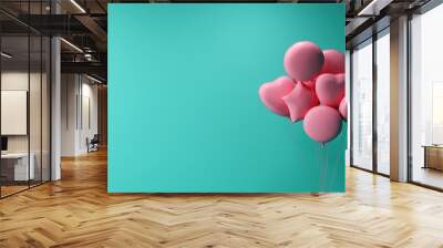 abstract pink party balloons in front of a turquoise mockup background wall, backdrop 3D concept illustration Wall mural