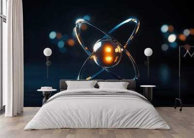 3d model of an atom with electrons orbiting the nucleus, symbolizing atomic structure and quantum physics Wall mural